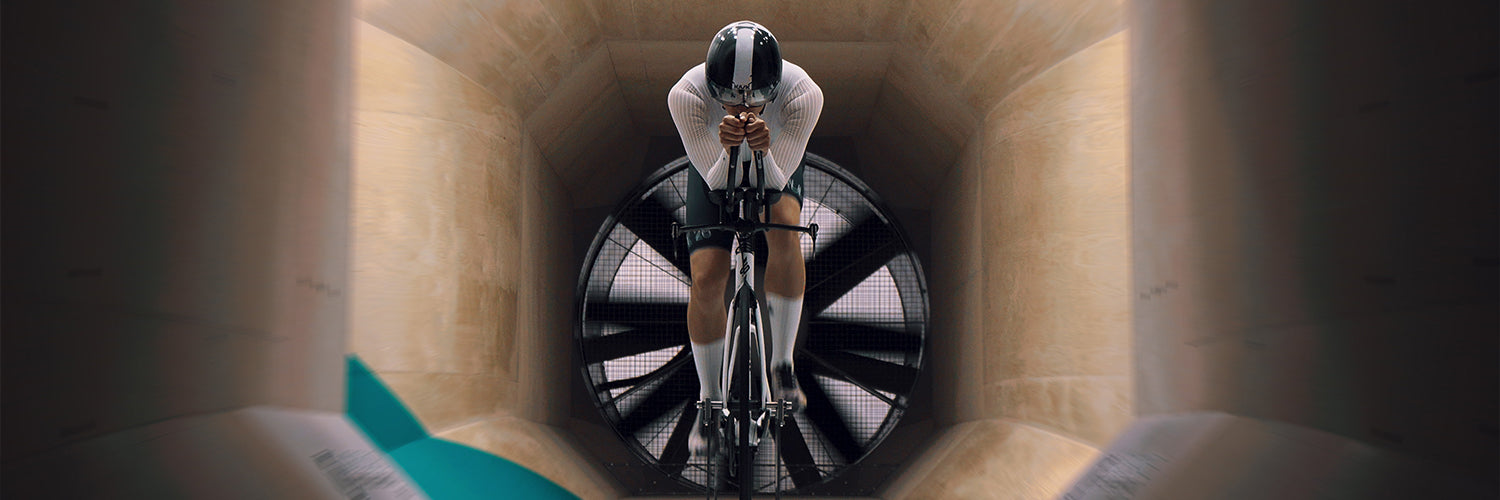 Rule 28 time trial skinsuit on cyclist in a wind tunnel